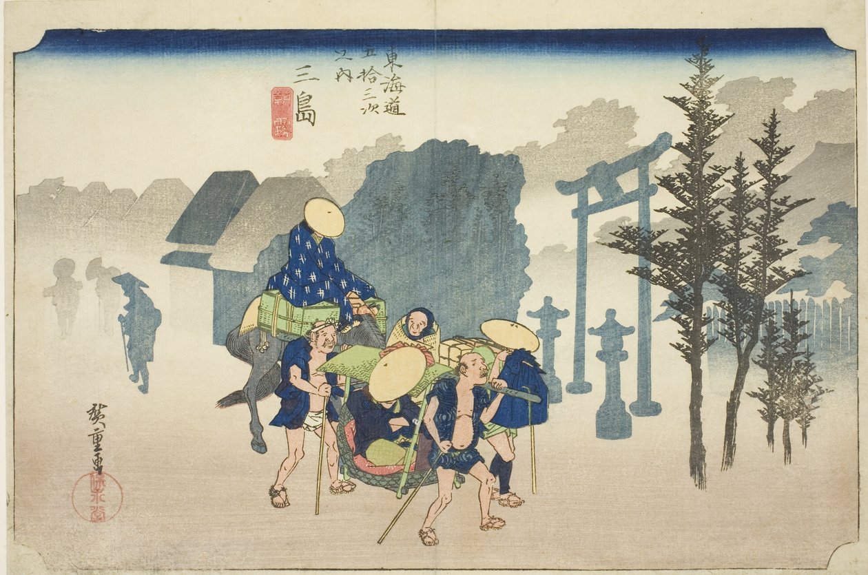 Mishima: Ranní mlha (Mishima, asagiri), ze série "Padesát tři zastávek na Tokaidské silnici (Tokaido gojusan tsugi no uchi)", také známé jako Hoeido Tokaido od Utagawa Hiroshige
