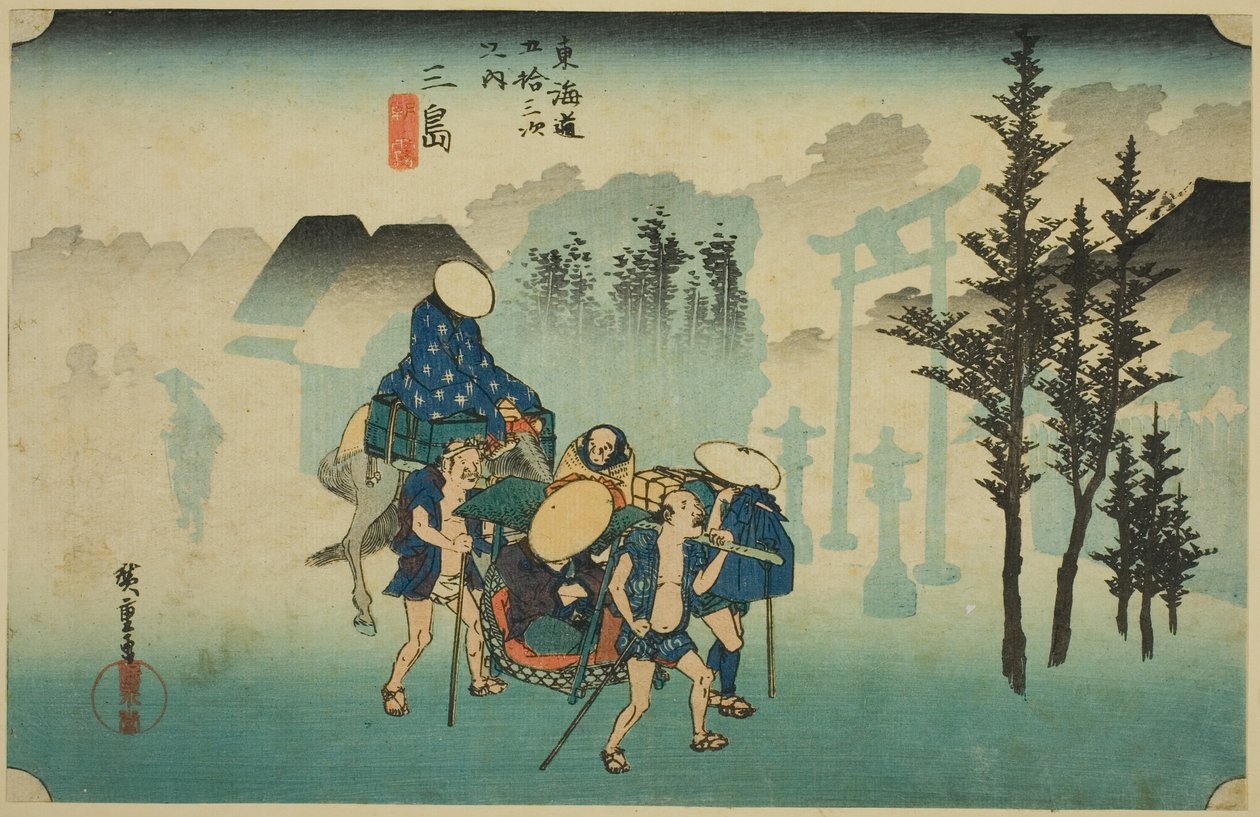 Mishima: Ranní mlha (Mishima, asagiri), ze série "Padesát tři zastávek na Tokaidské silnici (Tokaido gojusan tsugi no uchi)", také známé jako Hoeido Tokaido od Utagawa Hiroshige