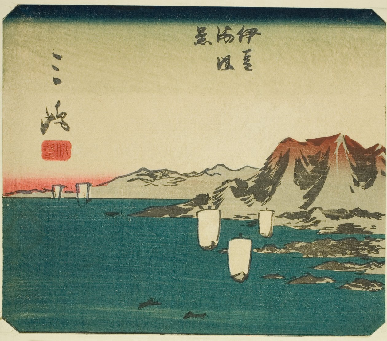 Mishima, část listu č. 3 ze série "Vystřižené obrázky Tokaida (Tokaido harimaze zue)" od Utagawa Hiroshige