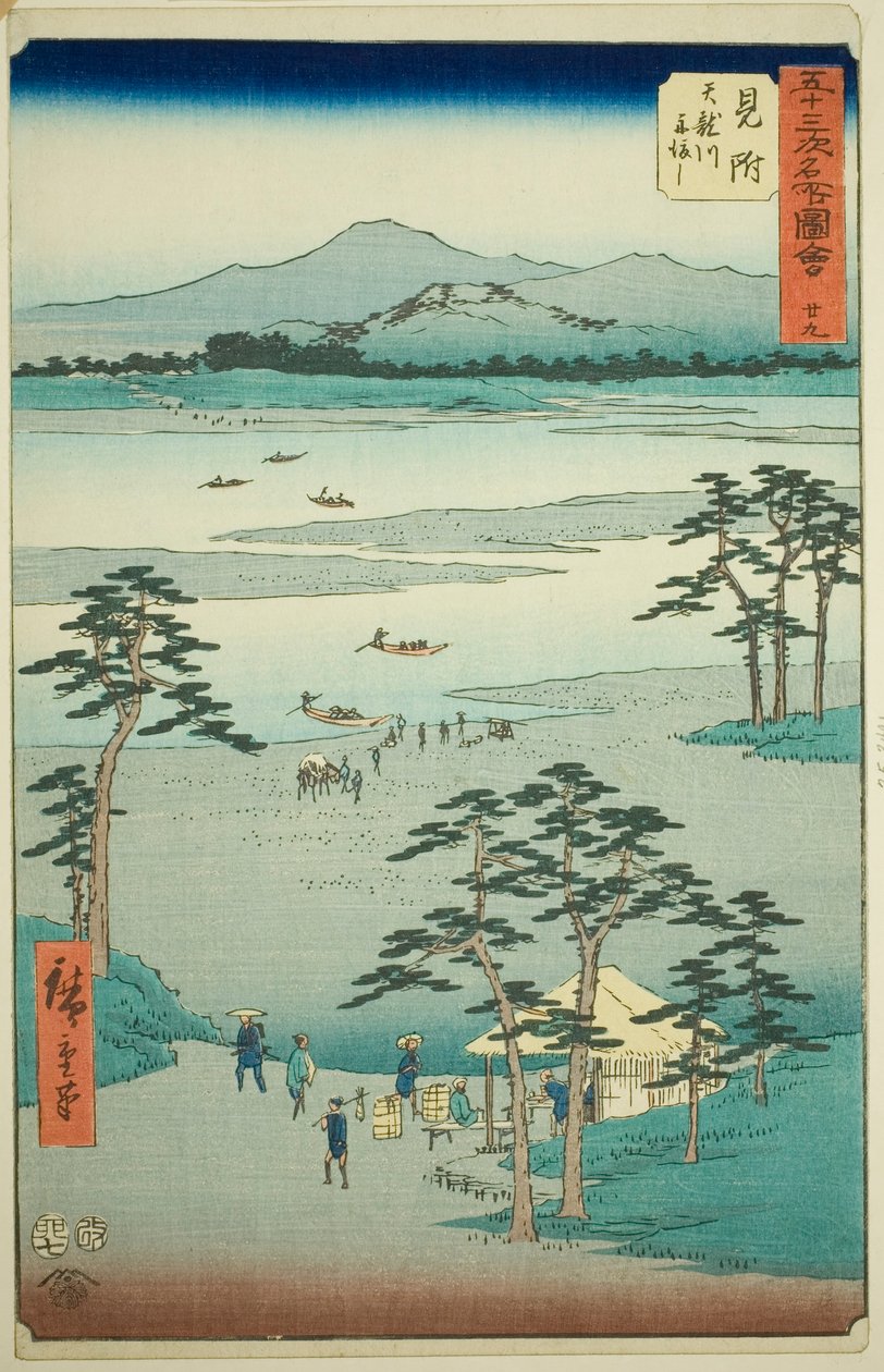 Mitsuke: Trajekt na řece Tenryu (Mitsuke, Tenryugawa funewatashi), č. 29 ze série „Slavné památky na třiapadesáti stanicích (Gojusan tsugi meisho zue), známé také jako Vertikální Tokaido od Utagawa Hiroshige