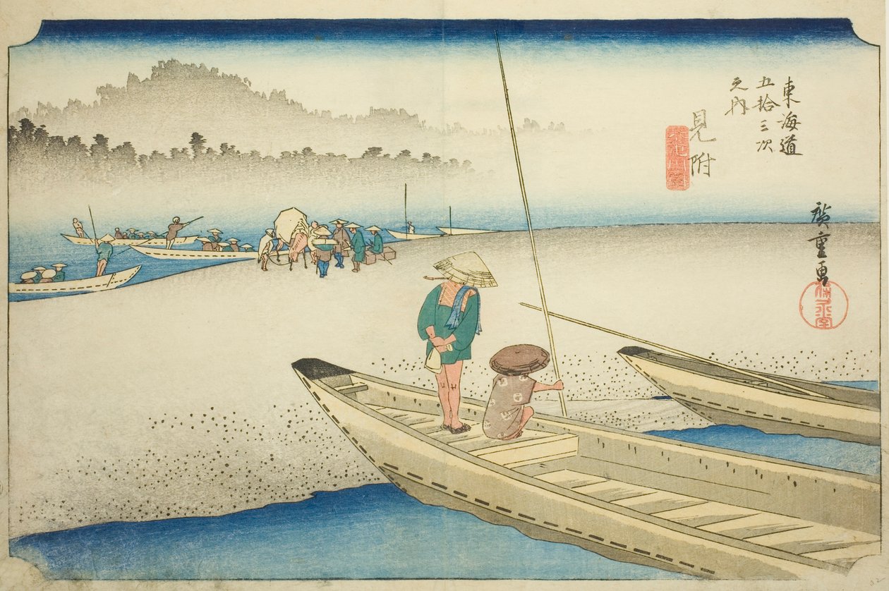 Mitsuke: Tenryu River View (Mitsuke, Tenryugawa zu), ze série "Padesát tři stanic Tokaida (Tokaido gojusan tsugi no uchi)", také známý jako Hoeido Tokaido od Utagawa Hiroshige