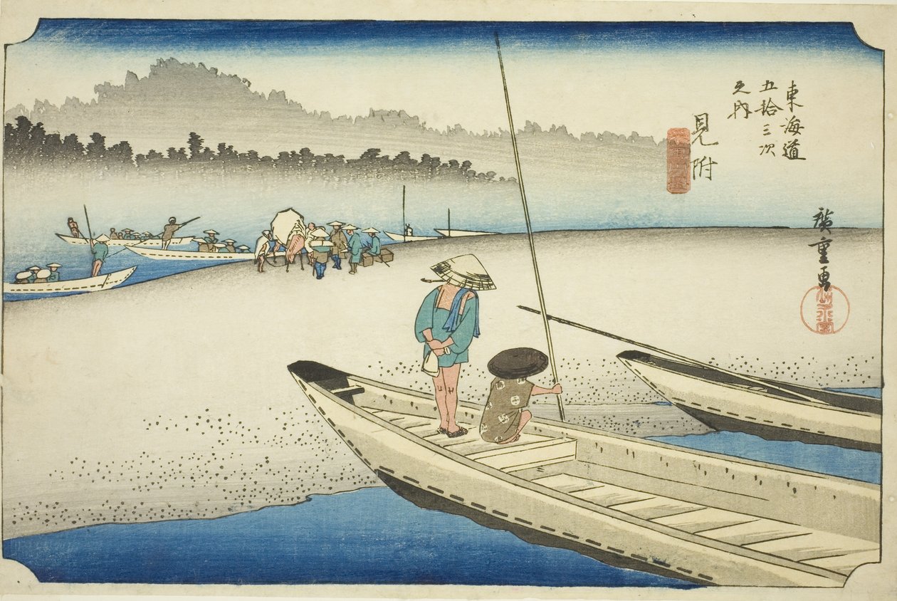 Mitsuke: Pohled na řeku Tenryu (Mitsuke, Tenryugawa zu), ze série "Padesát tři stanic Tokaida (Tokaido gojusan tsugi no uchi)", také známý jako Hoeido Tokaido od Utagawa Hiroshige