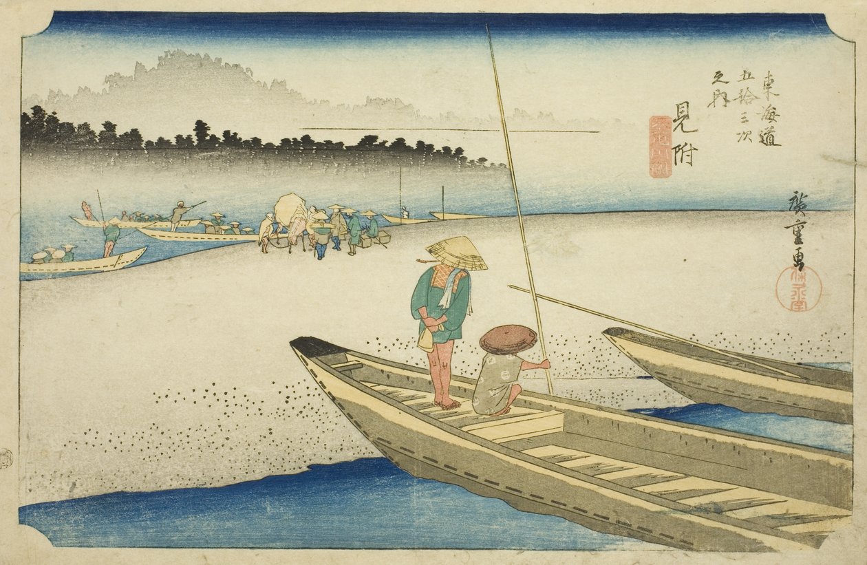 Mitsuke: Pohled na řeku Tenryu (Mitsuke, Tenryugawa zu), ze série "Padesát tři stanic Tokaida (Tokaido gojusan tsugi no uchi)", také známý jako Hoeido Tokaido od Utagawa Hiroshige