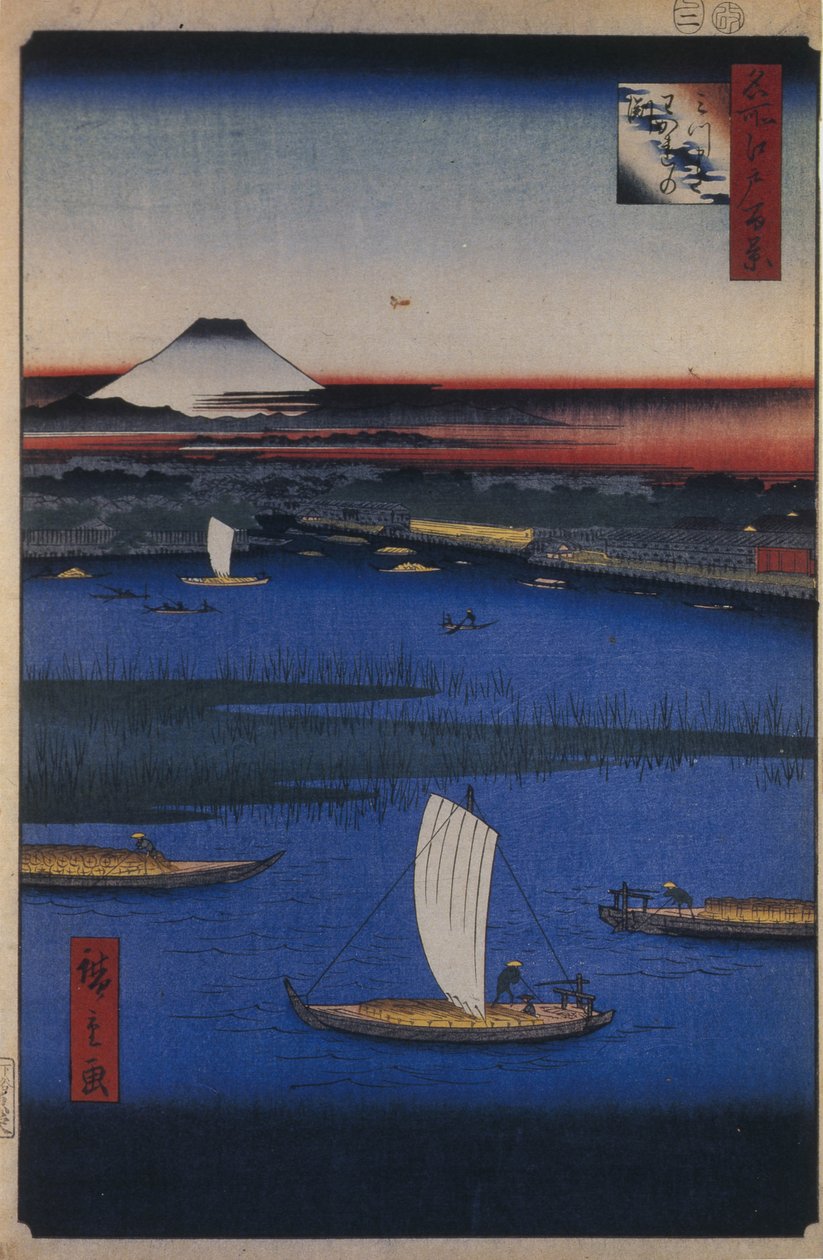 Okraj třícípého hřebene d-re d fanet s View ws of Edo, 1856-1858 od Utagawa Hiroshige
