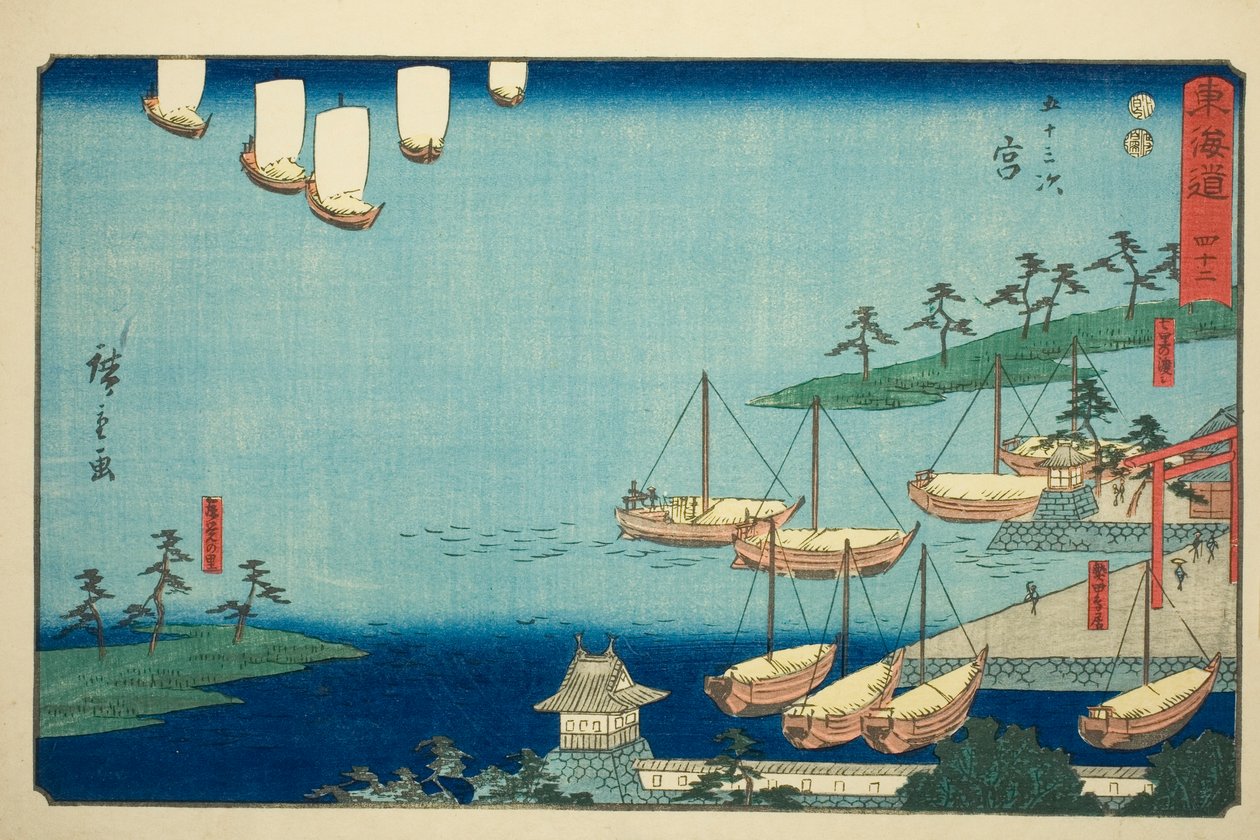 Miya: Shichiri Ferry Cross, brána do svatyně Atsuta a vesnice Nezame (Miya, Shichiri no watashi, Atsuta no torii, Nezame no sato) – č. 42, ze série „Padesát tři stanic Tokaida (Tokaido gojusan tsugi ), také známý jako Reisho Tokaid od Utagawa Hiroshige