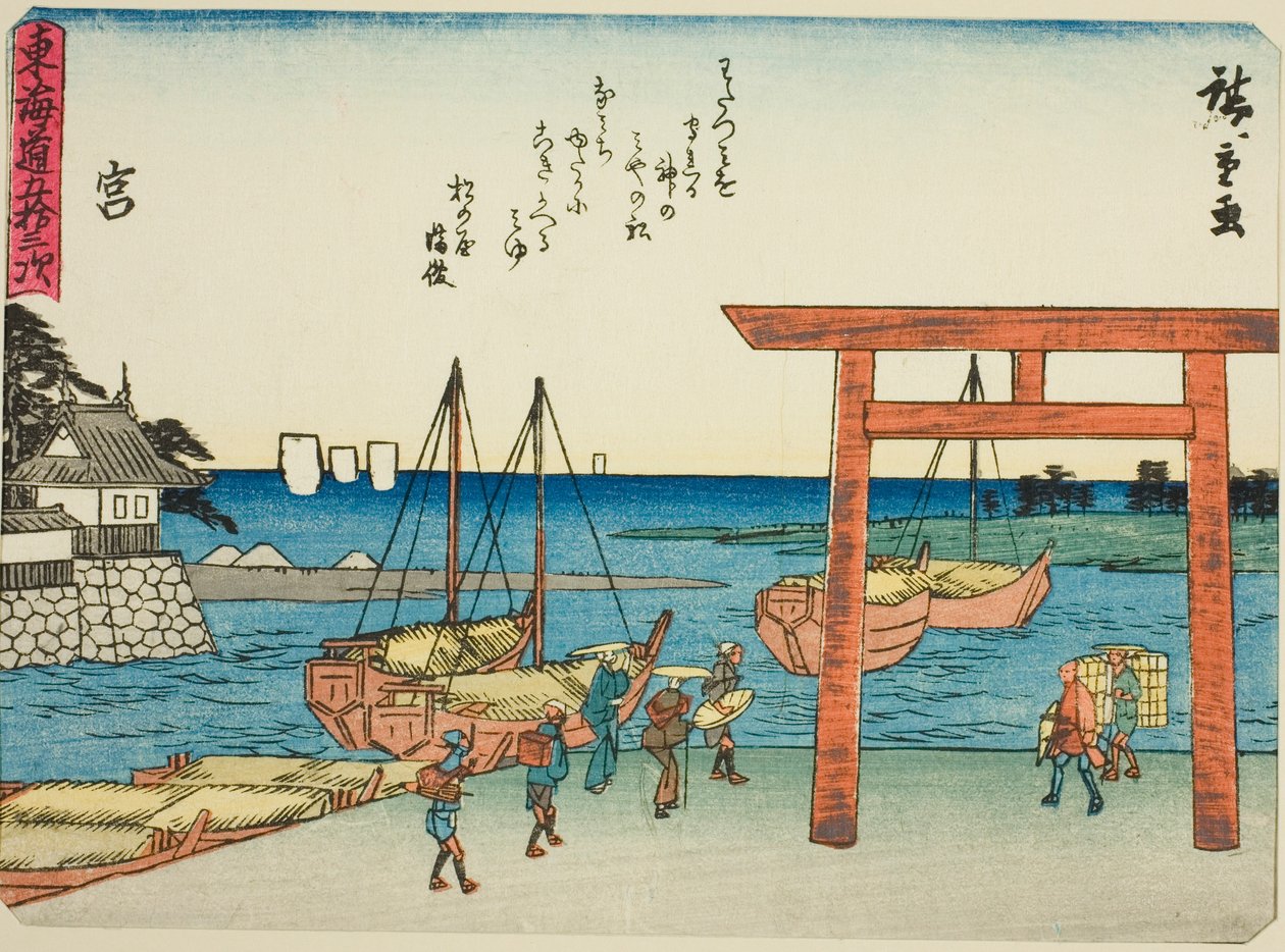 Miya, ze série "Padesát tři stanic Tokaida (Tokaido gojusan tsugi)," také známé jako Tokaido s básní (Kyoka iri Tokaido) od Utagawa Hiroshige
