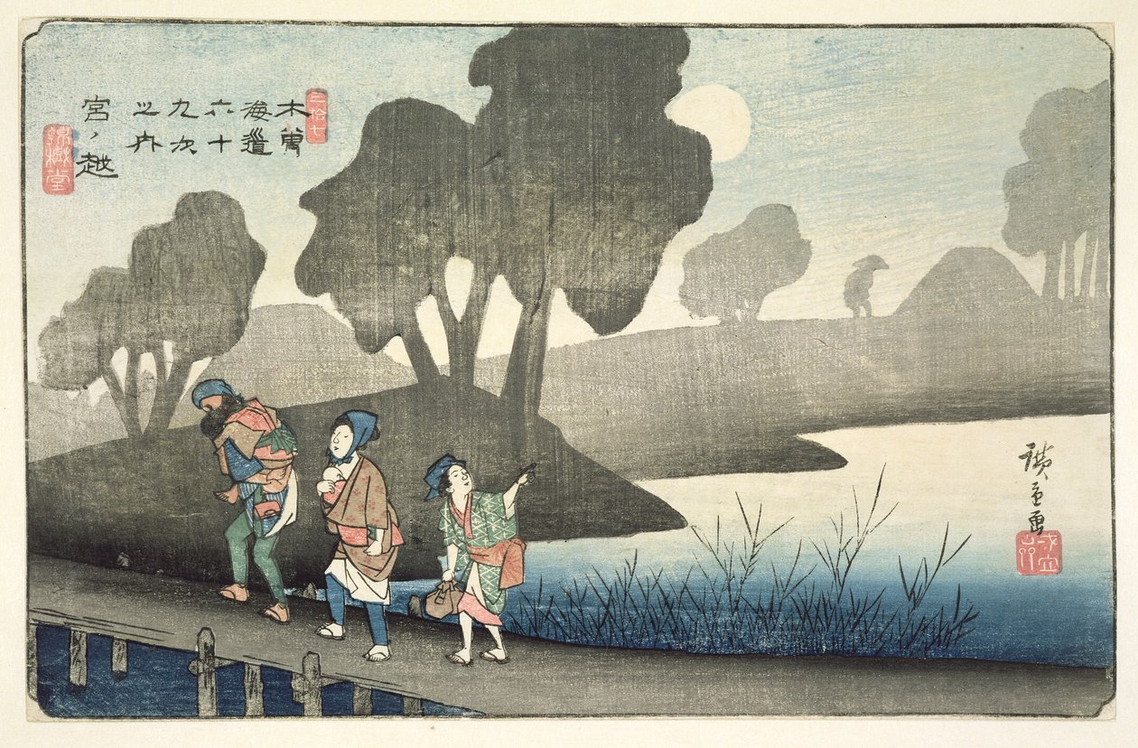 Mijanokoši, č. 37 ze série "69 stanic Kisokaido", vydavatelství Hoeido a Kinjudo, konec 30. let 19. století (barevný dřevoryt) od Utagawa Hiroshige
