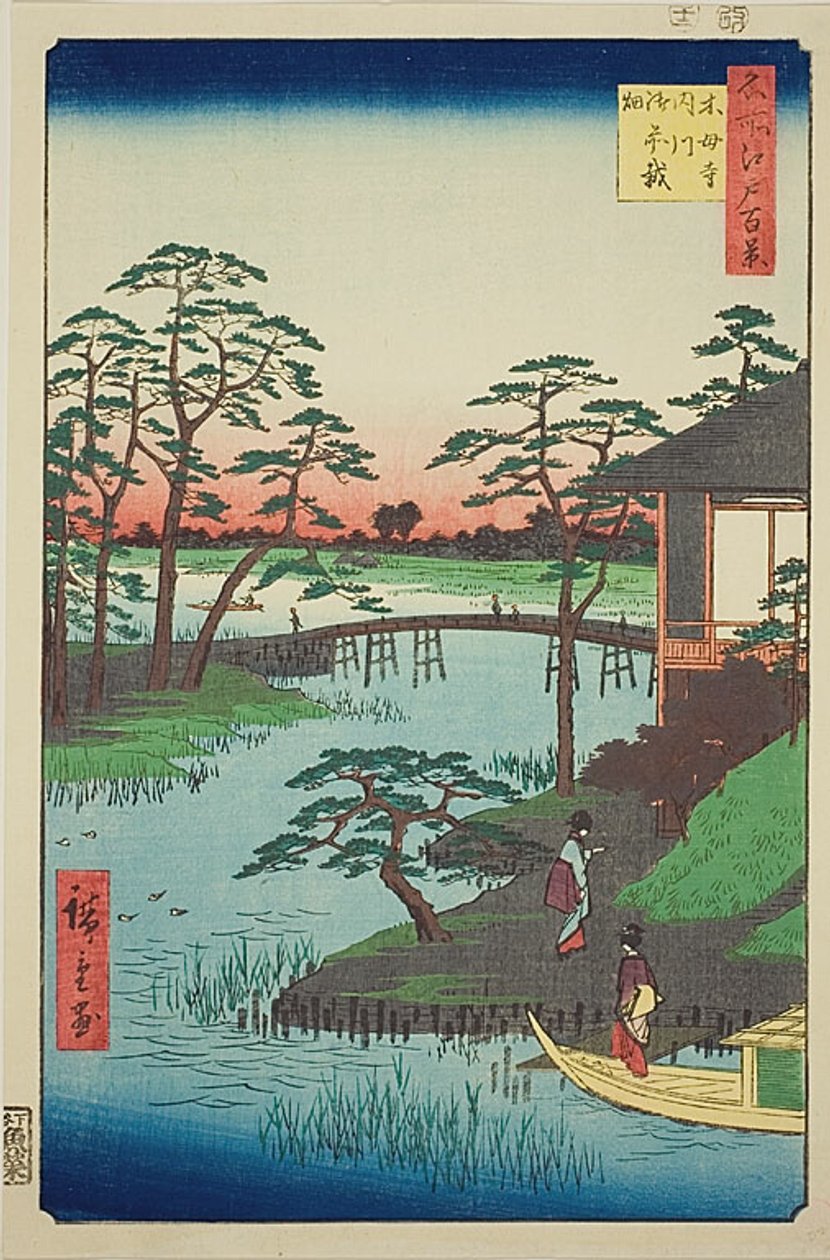 Chrám Mokubo, záliv Uchigawa, Gozensaihata (Mokuboji Uchigawa Gozensaihata), č. 92 ze série "Sto slavných pohledů na Edo (Meisho Edo hyakkei)" od Utagawa Hiroshige