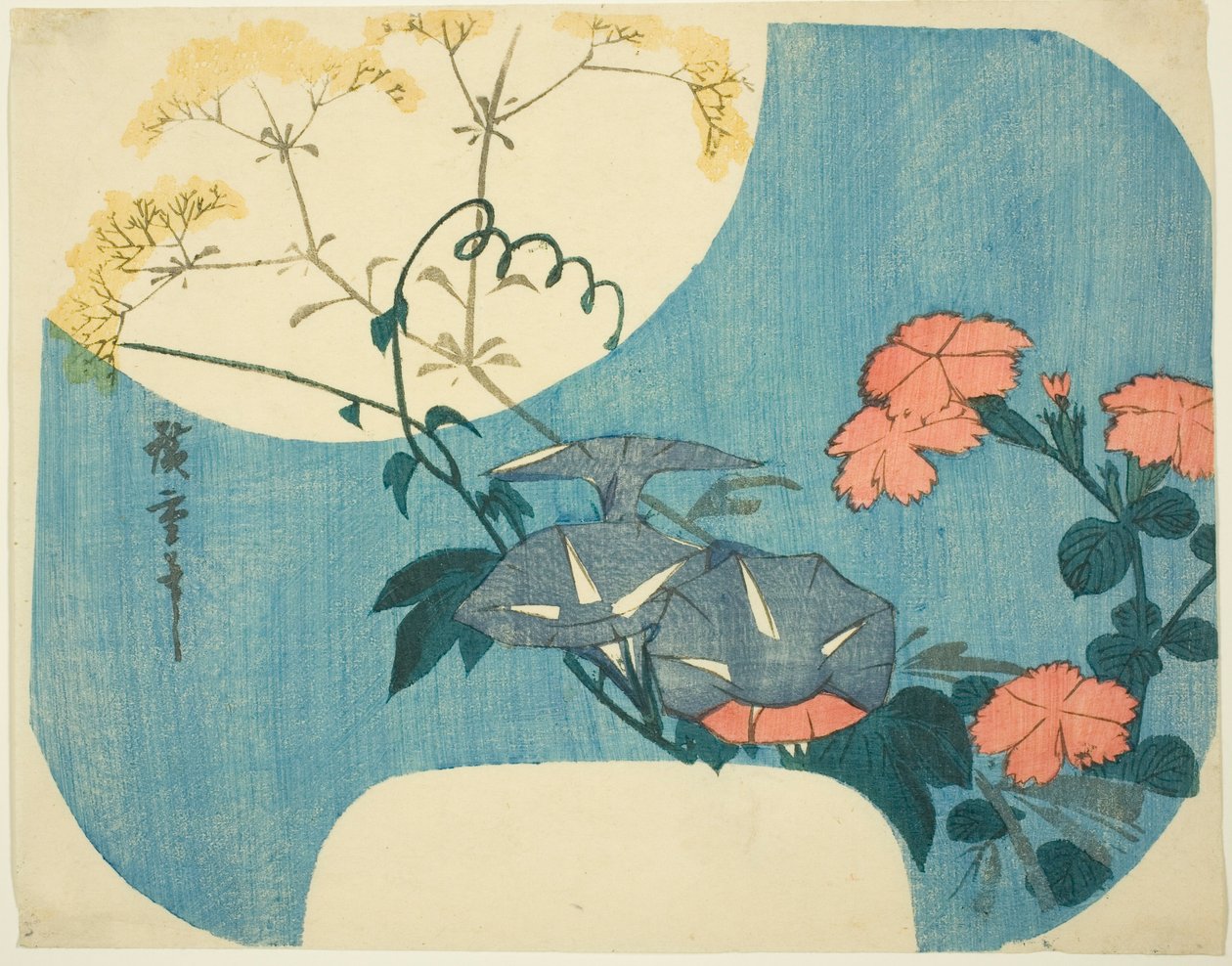 Morning Glories, Pinks a Maiden Flower, ze série „Sedm podzimních květin v měsíčním světle“ od Utagawa Hiroshige