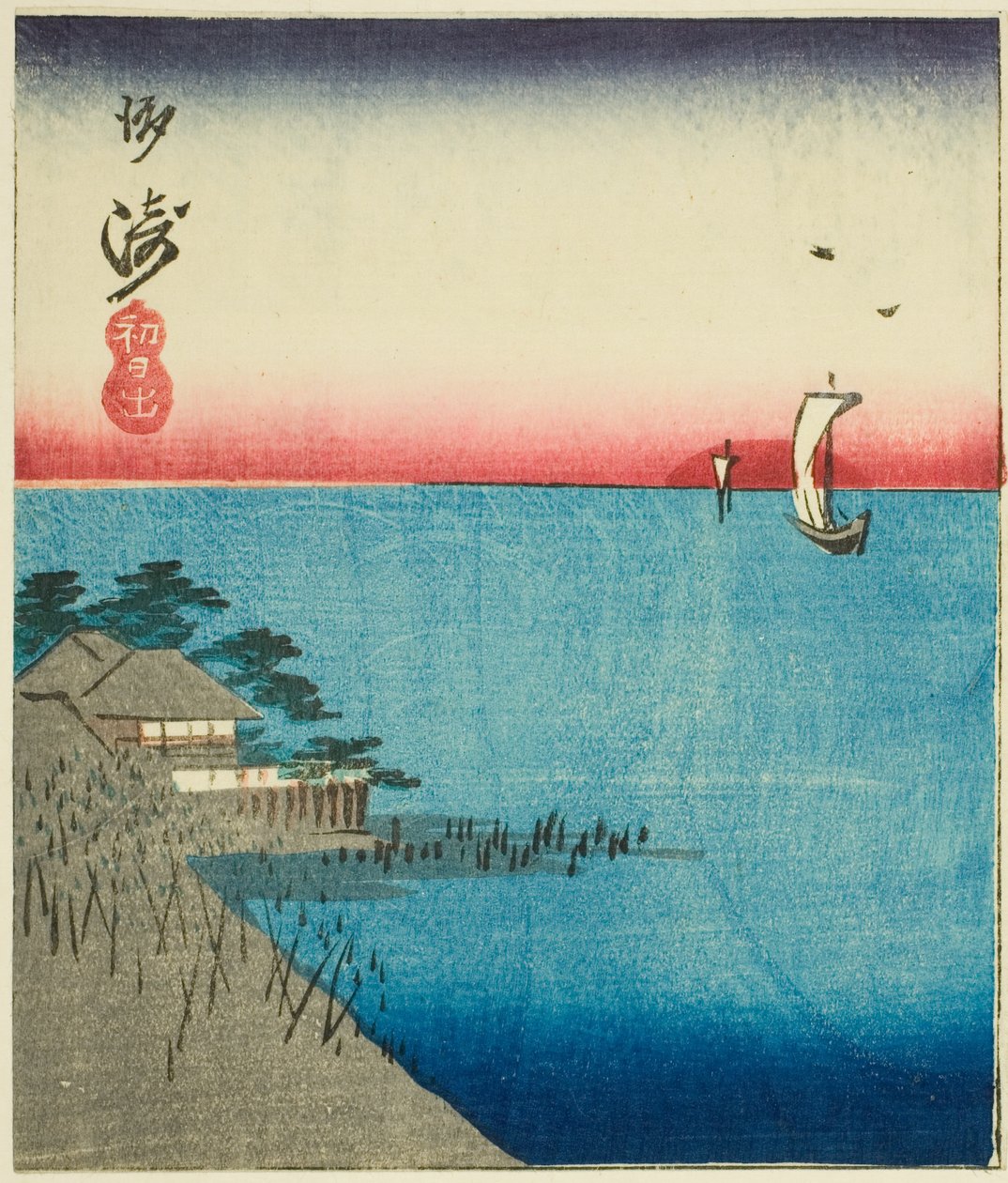 Morning Market at Nihon Bridge (Nihonbashi, asaichi), section of a sheet from the series "Cutouts of Famous Places in Edo (Harimaze Koto meisho)" od Utagawa Hiroshige