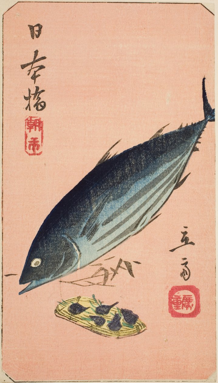 Morning Market at Nihon Bridge (Nihonbashi, asaichi), section of a sheet from the series "Cutouts of Famous Places in Edo (Harimaze Koto meisho)" od Utagawa Hiroshige