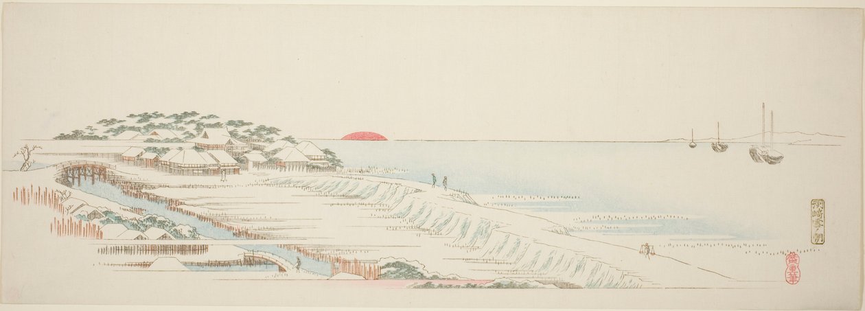 Ranní sníh v Susaki (Susaki yuki no asa), ze série „Třináct pohledů na okolí Edo“ od Utagawa Hiroshige