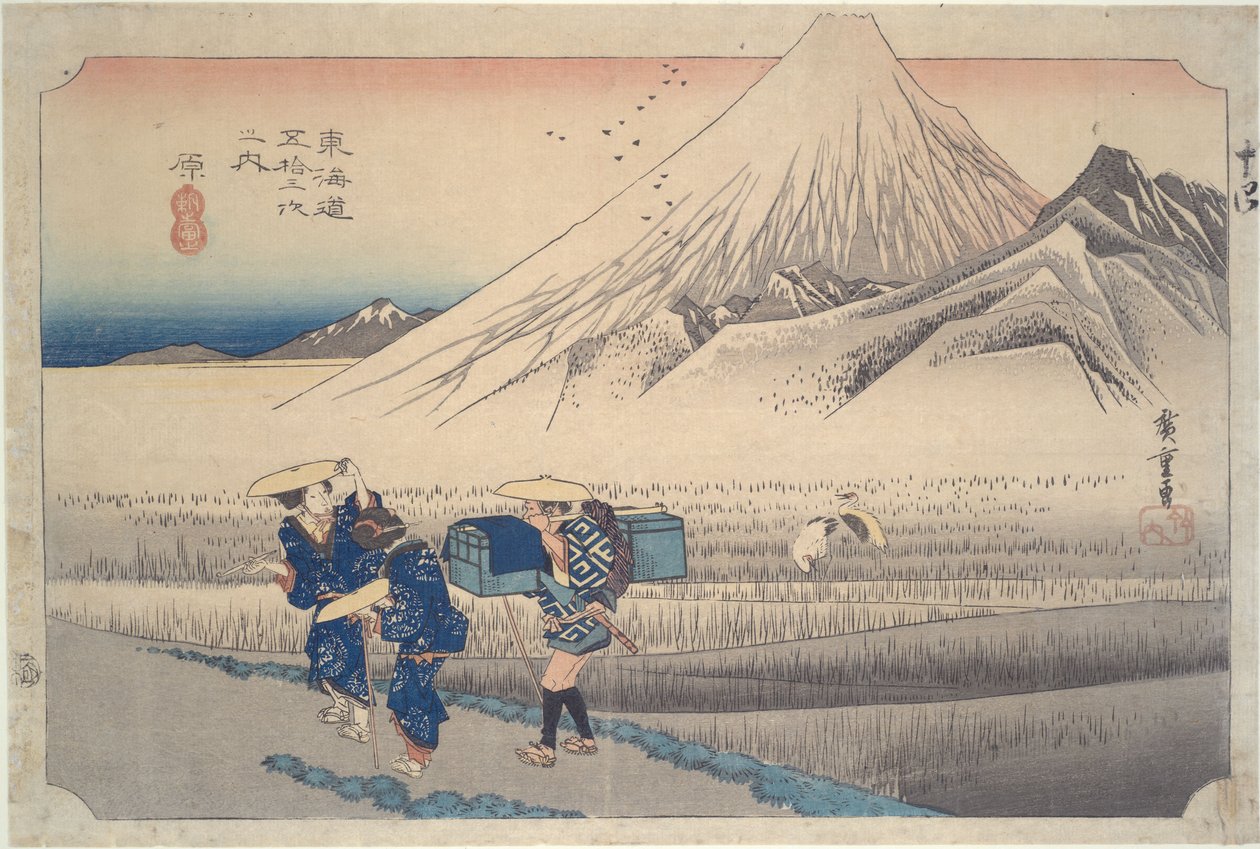 Hora Fudži ráno u stanice Hara, ze série „Padesát tři stanice na cestě Tōkaidō“ od Utagawa Hiroshige