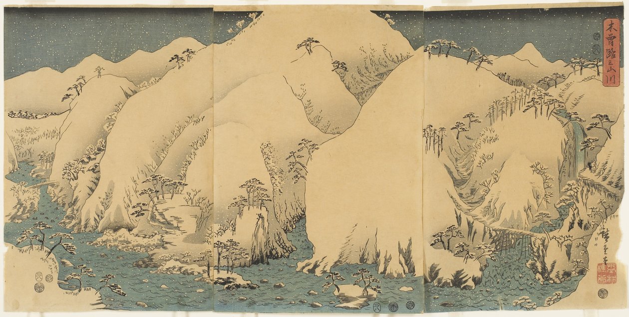 Hora a řeka v průsmyku Kiso, srpen 1857 od Utagawa Hiroshige