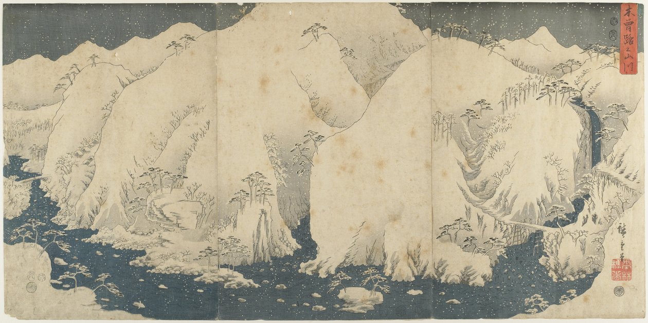 Hora a řeka v průsmyku Kiso, srpen 1857 od Utagawa Hiroshige