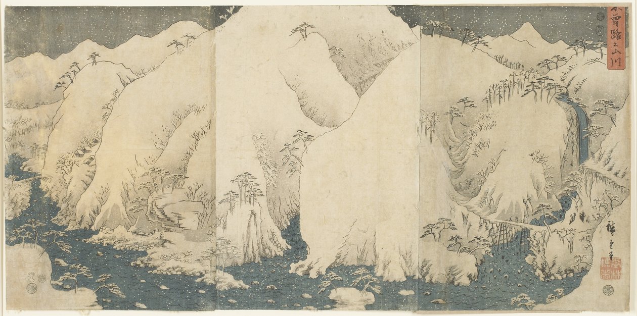 Hora a řeka v průsmyku Kiso, srpen 1857 od Utagawa Hiroshige