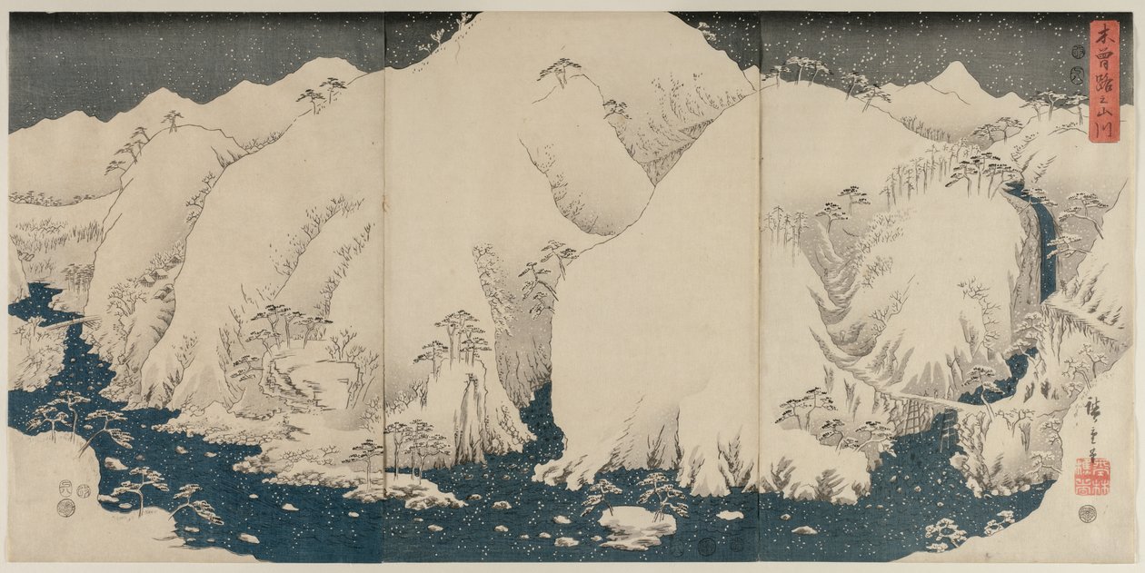 Hory a řeka na cestě Kiso od Utagawa Hiroshige