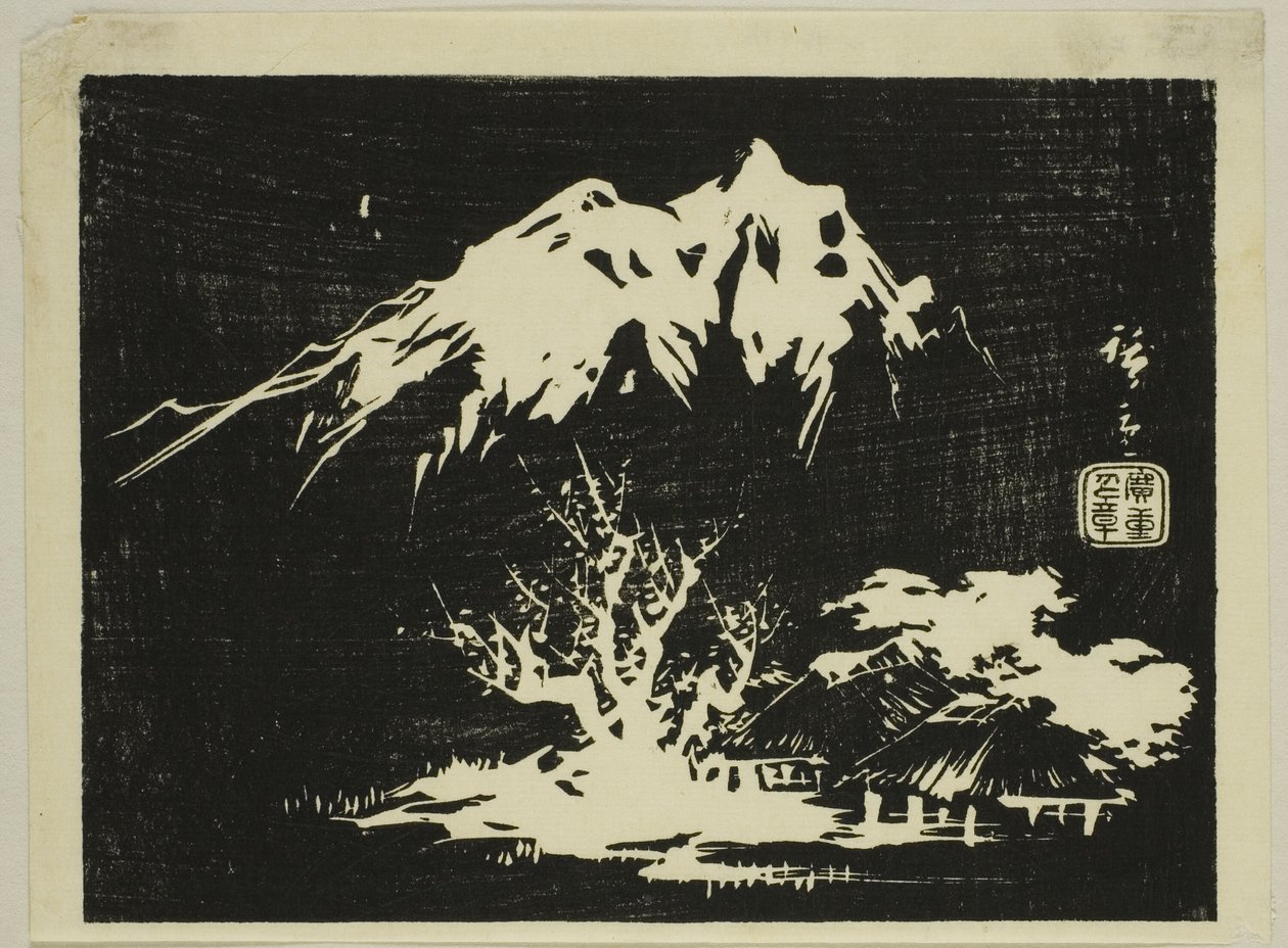 Horská krajina, část nepojmenovaného tisku harimaze od Utagawa Hiroshige