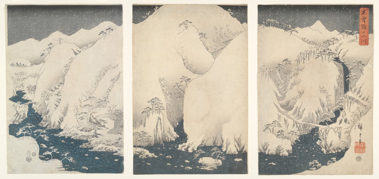 Hory a řeky podél Kiso Highway pod sněhem od Utagawa Hiroshige