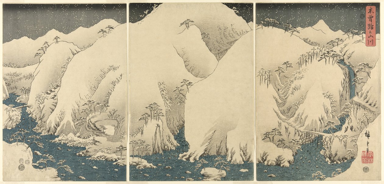 Hory a řeky na Kiso Road (Kisoji no yamakawa), z nepojmenované série triptychů od Utagawa Hiroshige