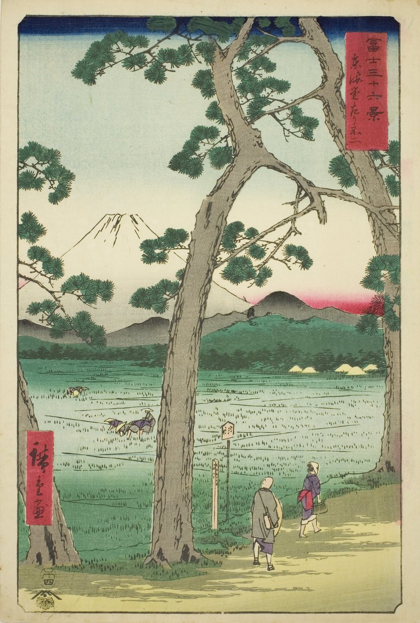 Mout Fuji při pohledu zleva na Tokaido (Tokaido hidari Fuji), ze série "Třicet šest pohledů na horu Fuji (Fuji sanjurokkei)" od Utagawa Hiroshige