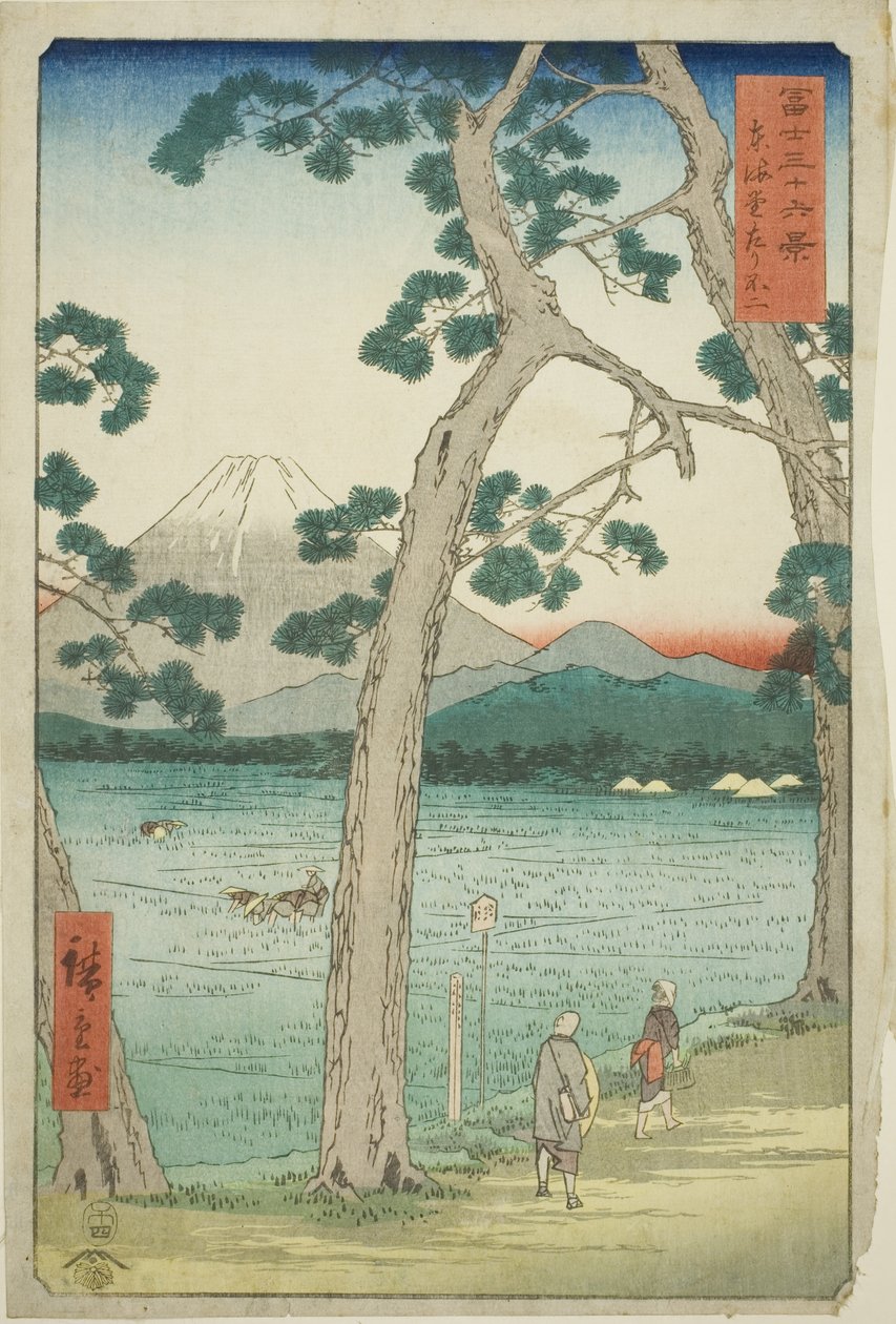 Mout Fuji při pohledu zleva na Tokaido (Tokaido hidari Fuji), ze série "Třicet šest pohledů na horu Fuji (Fuji sanjurokkei)" od Utagawa Hiroshige