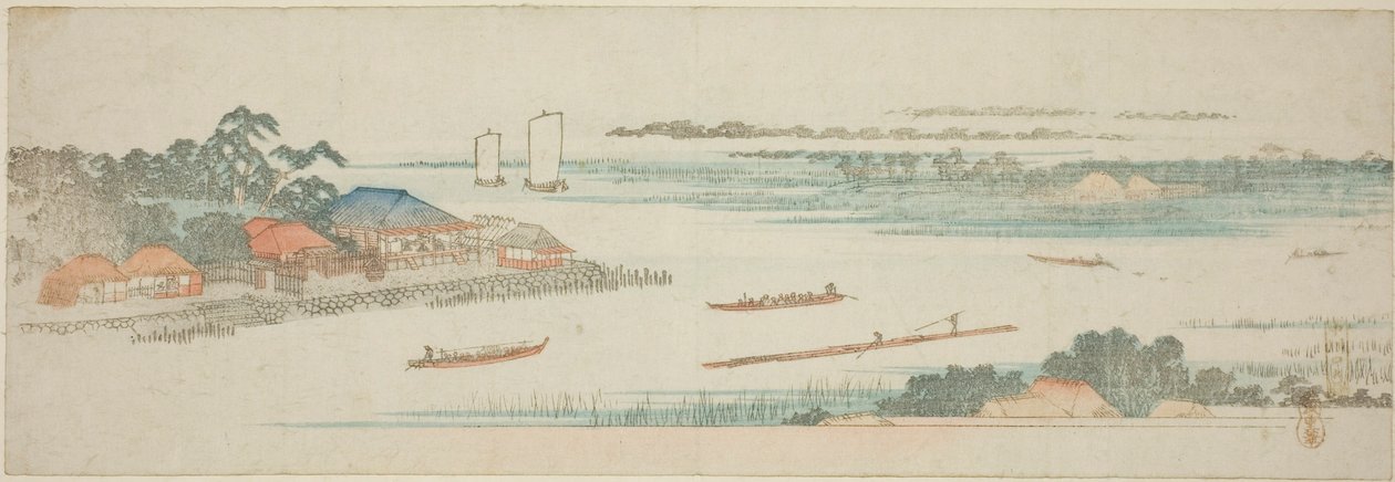Ústa řeky Naka (Nakagawa guchi no zu), z nepojmenované série slavných pohledů na předměstí Edo od Utagawa Hiroshige