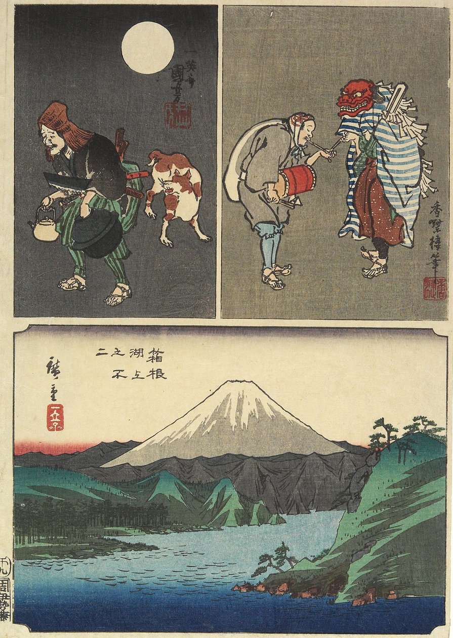 Hora Fuji viděná nad jezerem v Hakone a 2 další snímky, září 1858 od Utagawa Hiroshige