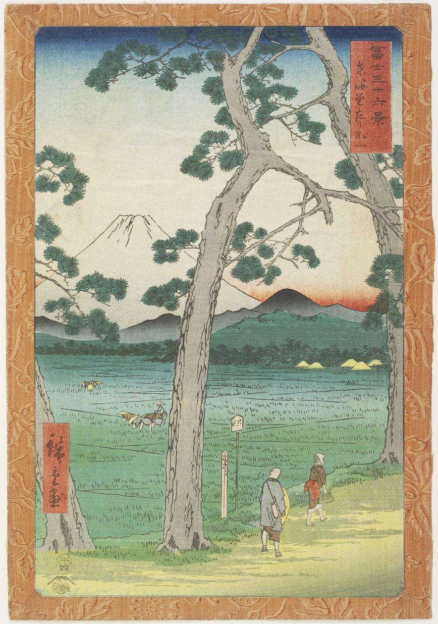 Hora Fudži vlevo při pohledu ze silnice To_kaido, duben 1858 od Utagawa Hiroshige