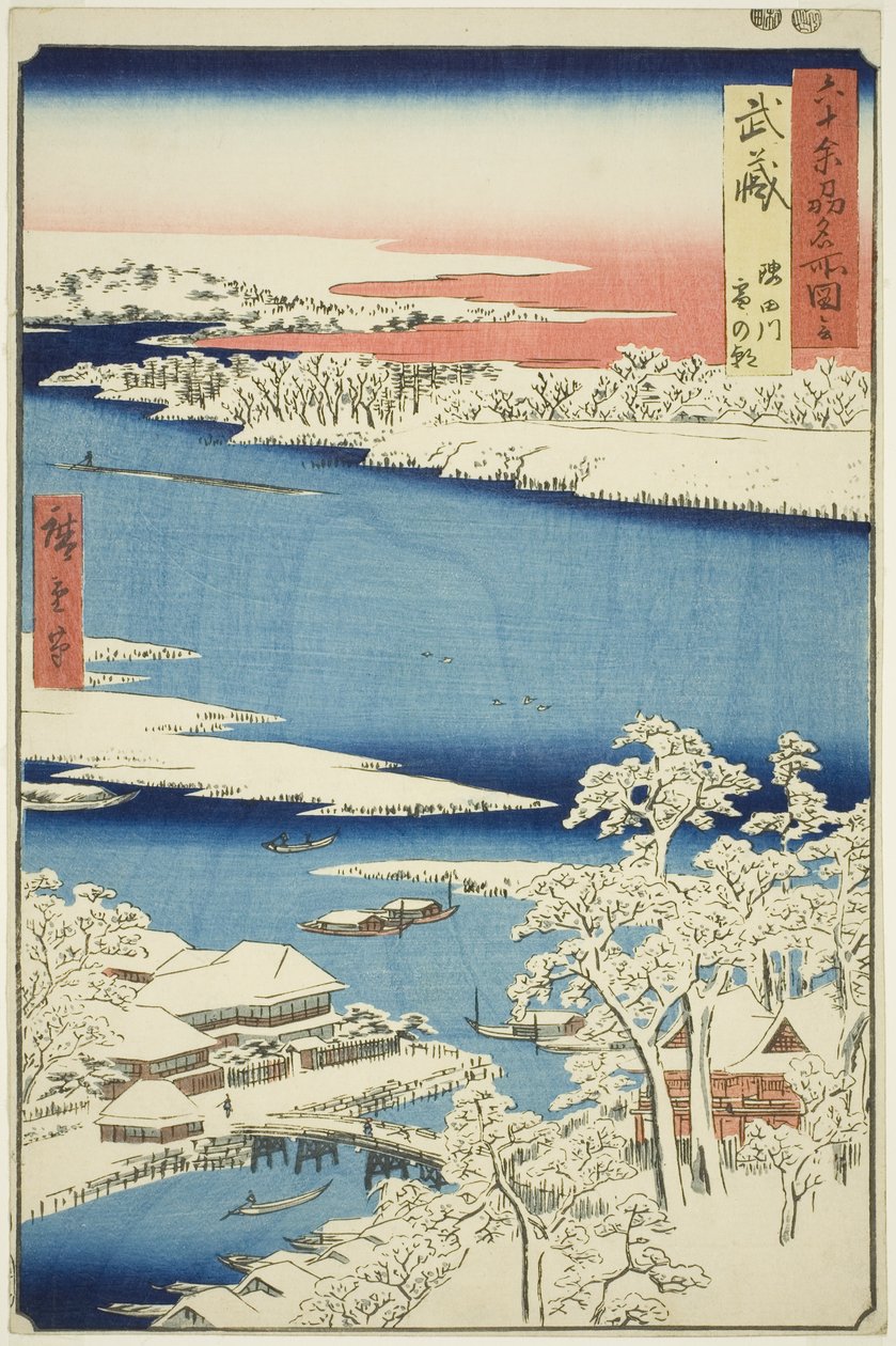 Provincie Musashi: Ráno po sněhu na řece Sumida (Musashi, Sumidagawa yuki no ashita), ze série „Slavná místa v šedesáti lichých provinciích (Rokujuyoshu meisho zue)“ od Utagawa Hiroshige