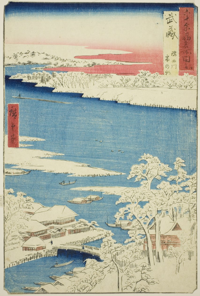 Provincie Musashi: Ráno po sněhu na řece Sumida (Musashi, Sumidagawa yuki no ashita), ze série „Slavná místa v šedesáti lichých provinciích (Rokujuyoshu meisho zue)“ od Utagawa Hiroshige