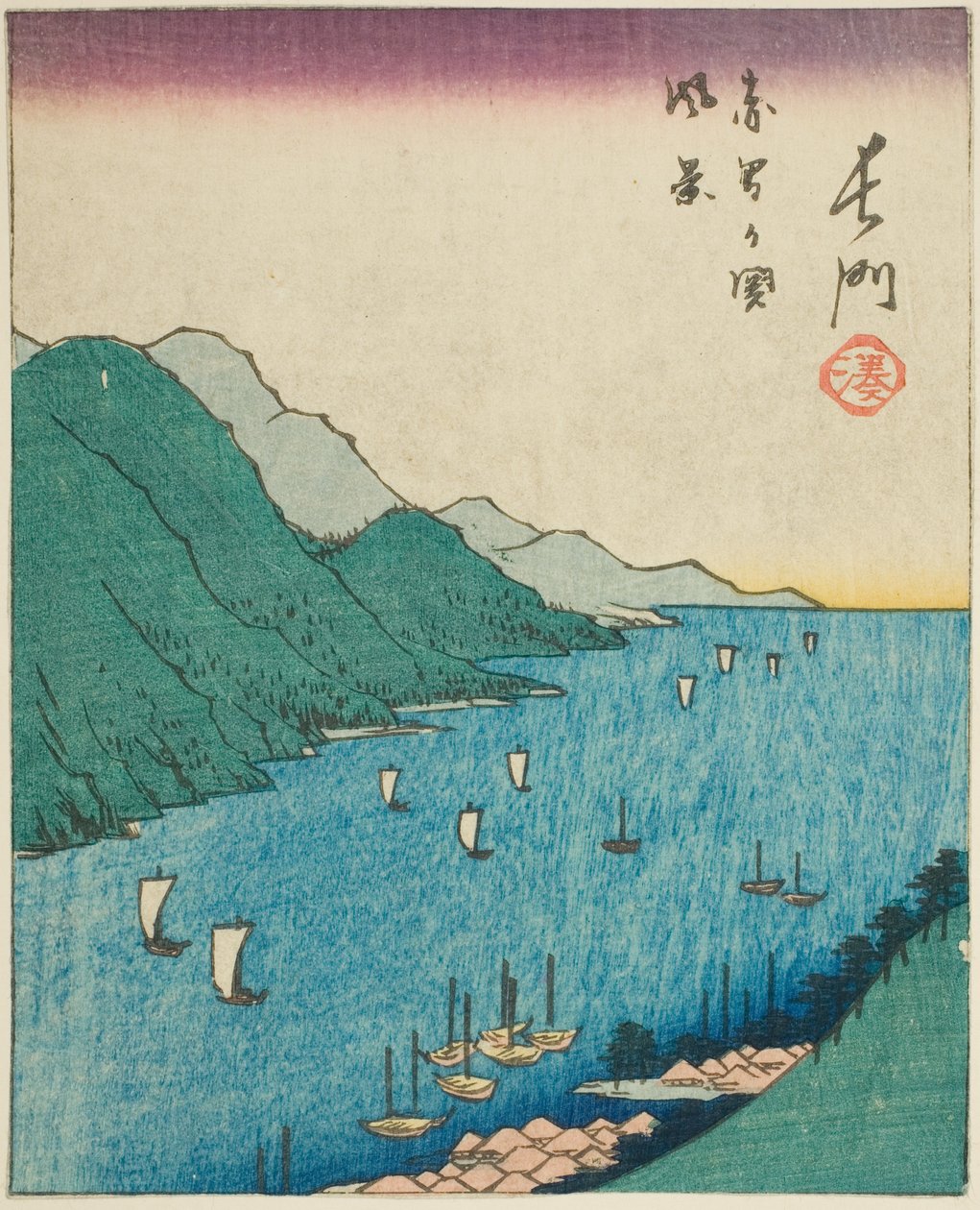 Nagato, část listu č. 15 ze série "Vystřižené obrázky provincií (Kunikuzushi harimaze zue)" od Utagawa Hiroshige