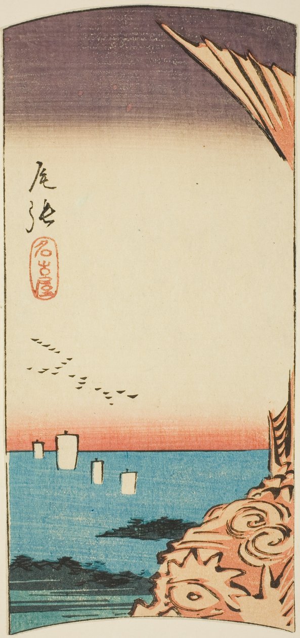 Nagoja v provincii Owari, část listu č. 4 ze série "Vystřižené obrázky provincií" od Utagawa Hiroshige
