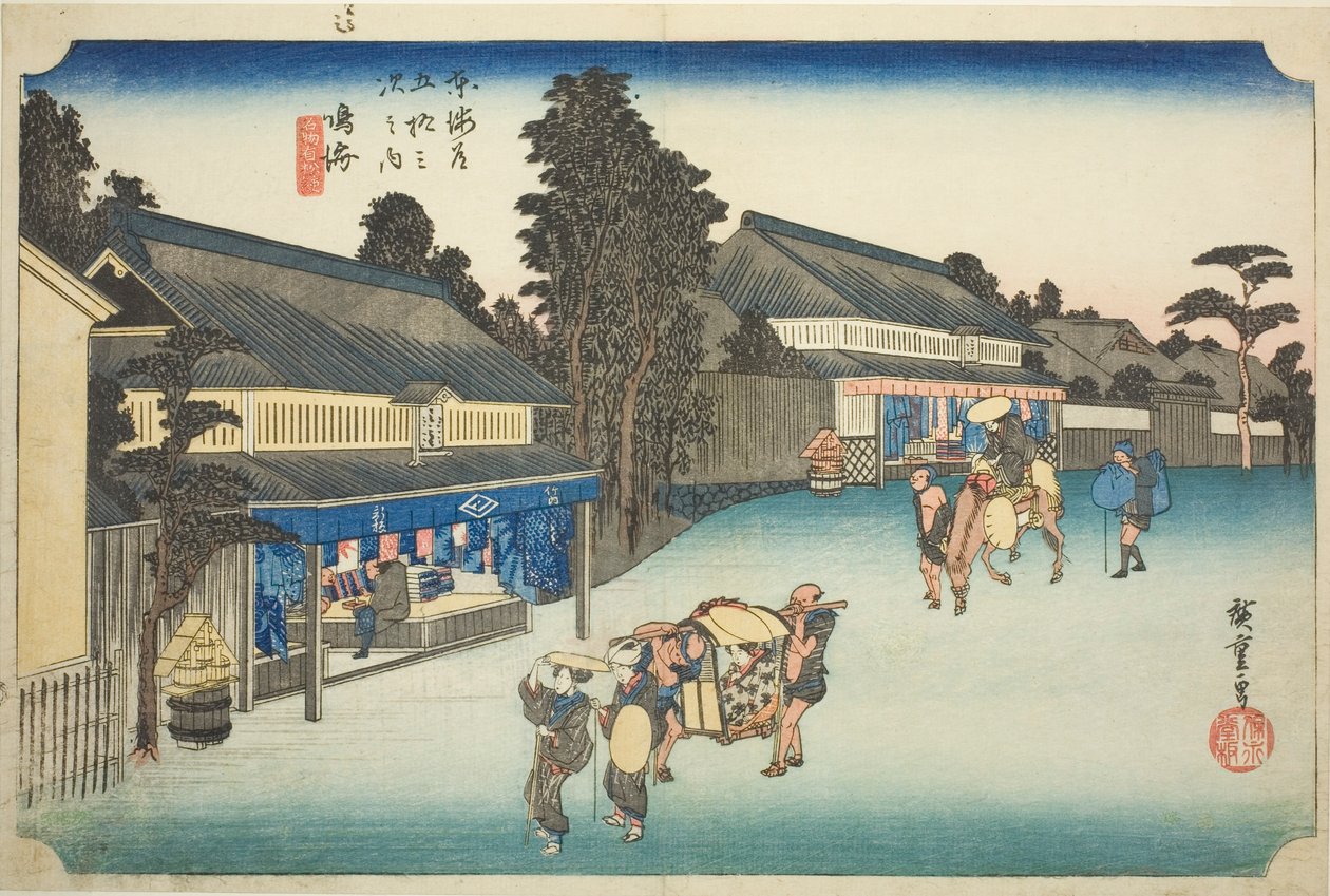 Narumi: Slavné kravatově barvené tkaniny Arimatsu (Narumi, meibutsu Arimatsu shibori), ze série „Padesát tři stanic Tokaida (Tokaido gojusan tsugi no uchi), známé také jako Hoeido Tokaido od Utagawa Hiroshige