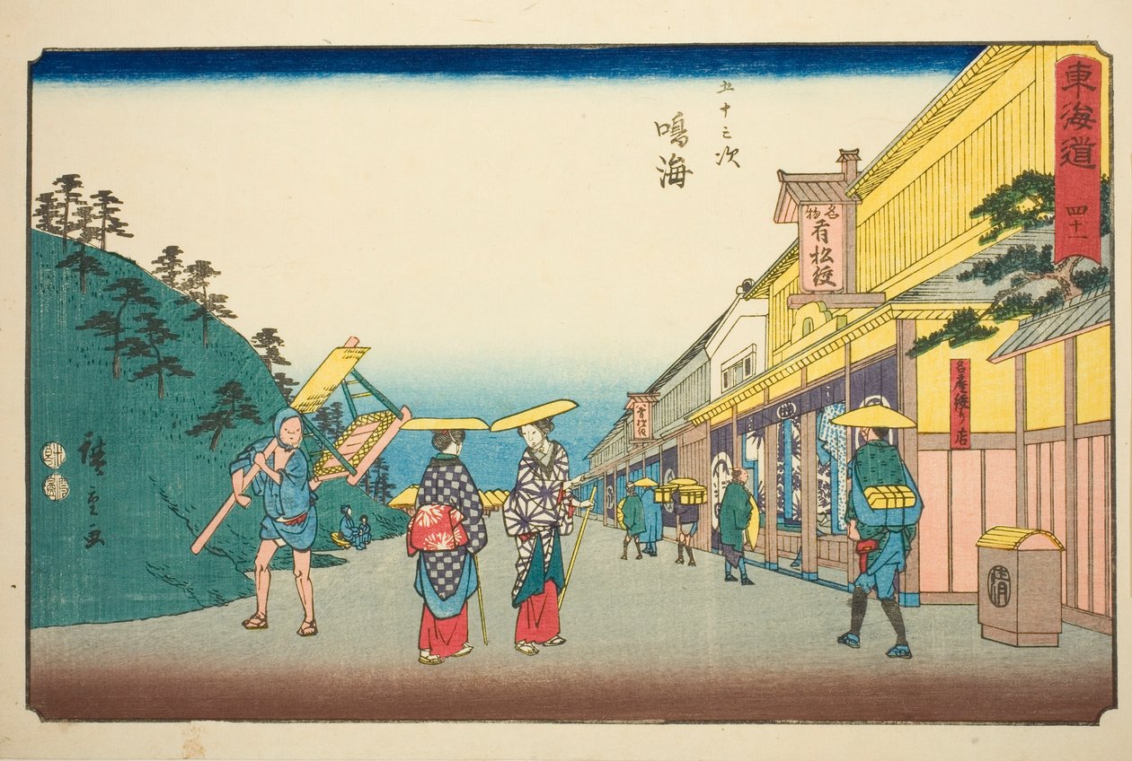Narumi: Obchody prodávající slavnou tkaninu barvenou kravatou (Narumi, meisan shibori mise) – Ne. 41, ze série "Padesát tři stanic Tokaida (Tokaido gojusan tsugi)," také známé jako Reisho Tokaido od Utagawa Hiroshige