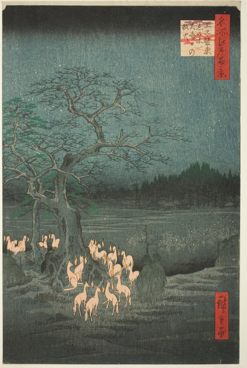 Silvestrovská liška střílí u měnícího se stromu (Ōji shozoku enoki omisoka no kitsunebi), ze série Sto slavných pohledů na Edo (Meisho Edo hyakkei) od Utagawa Hiroshige