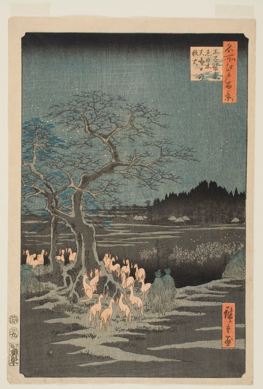 Silvestrovské ohňostroje u „Měnícího se stromu“ v Ōji, ze série „Sto slavných pohledů na Edo“ od Utagawa Hiroshige