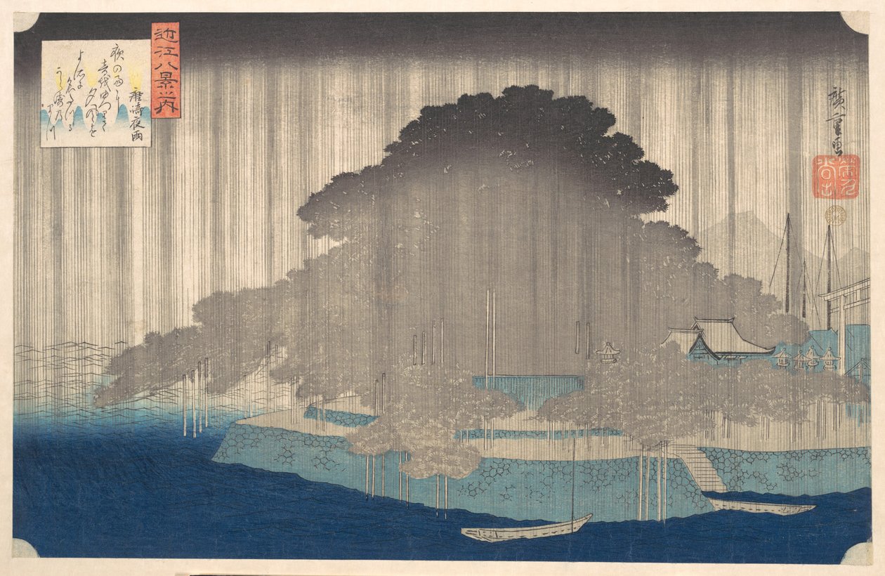 Noční déšť v Karasaki, ze série Osm pohledů na Ōmi (Ōmi hakkei no uchi) od Utagawa Hiroshige