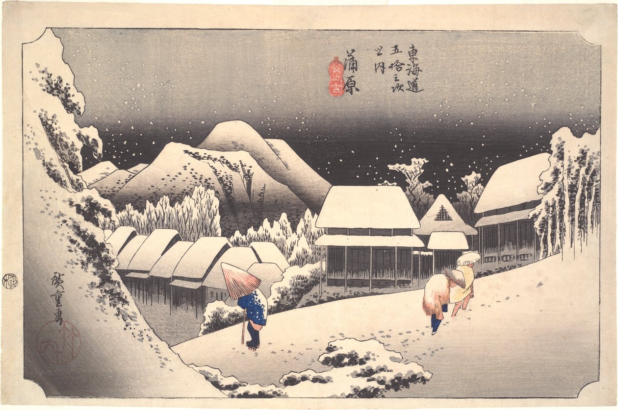 Noční sníh na Kambaře: Padesát tři stanic Tokaida od Utagawa Hiroshige