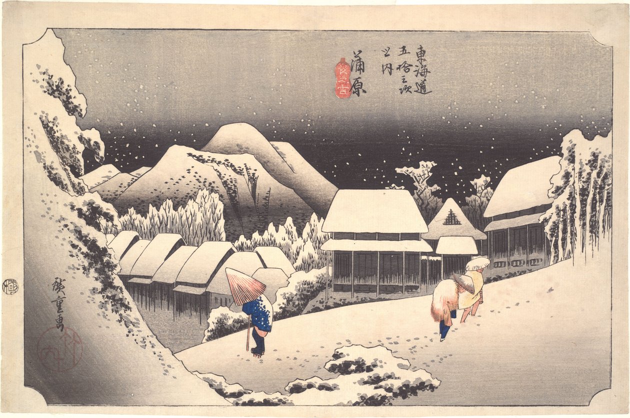 Noční sníh v Kanbara, ze série „Padesát tři stanice na cestě Tōkaidō“ od Utagawa Hiroshige