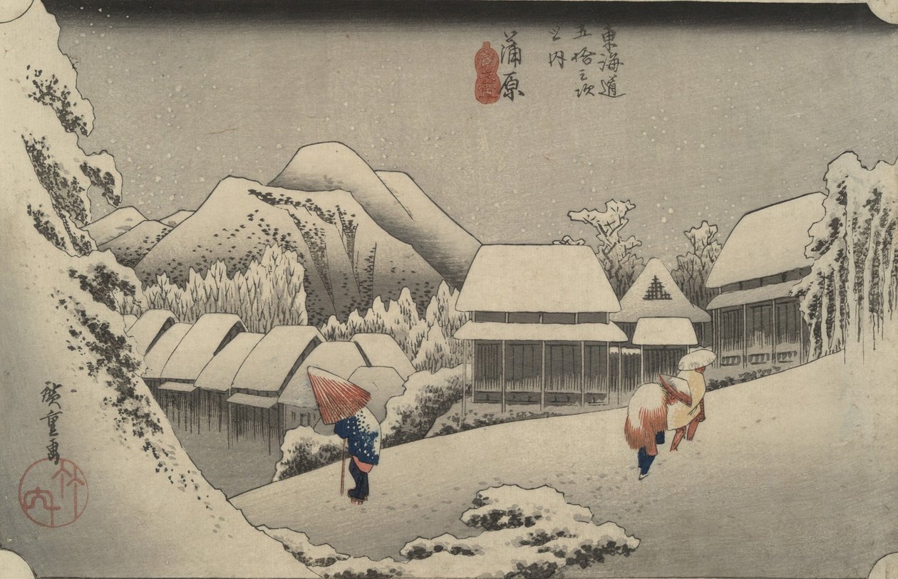 Noční sníh v Kanbaře, ze série Padesát tři stanic Tókaidó od Utagawa Hiroshige