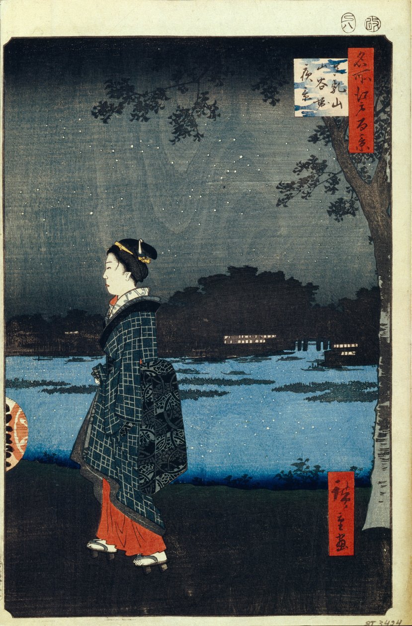 Noční pohled na Matsuchiyama a kanál Sanya Sto slavných pohledů na Edo, 1856-1858 od Utagawa Hiroshige