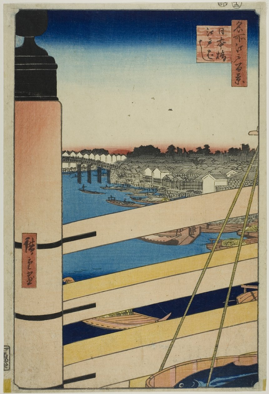 Most Nihon a most Edo (Nihonbaši, Edobaši), ze série "Sto slavných pohledů na Edo (Meisho Edo hyakkei)". od Utagawa Hiroshige