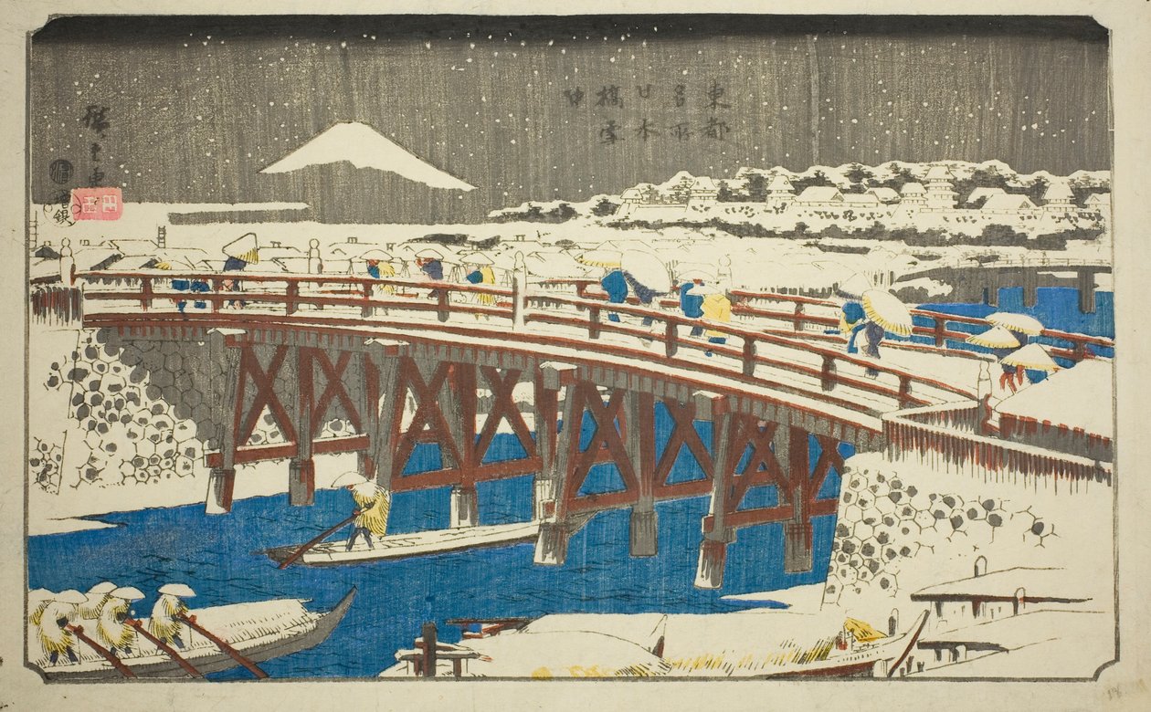 Most Nihon ve sněhu (Nihonbashi setchu), ze série „Slavná místa ve východním hlavním městě (Toto meisho)“ od Utagawa Hiroshige