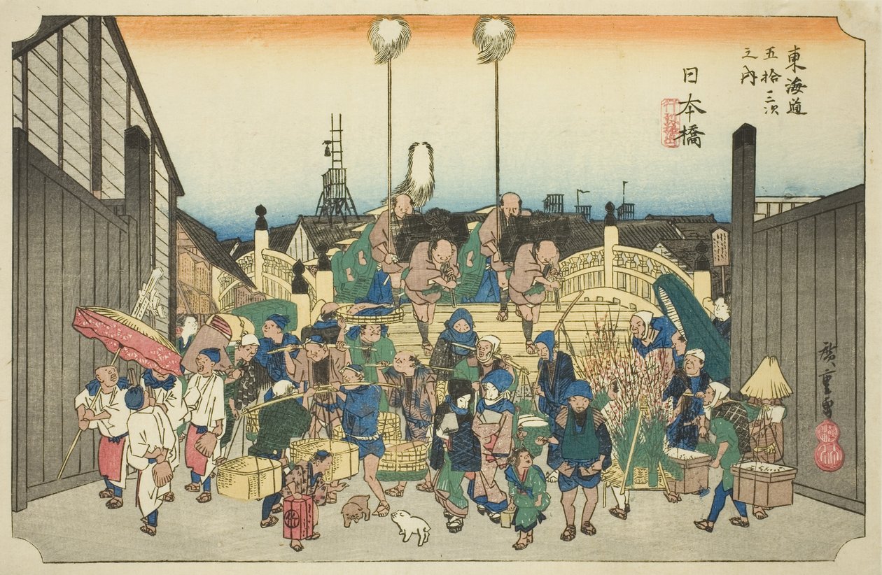 Nihonbashi: Procesí odcházející (Nihonbashi, gyoretsu furidashi), ze série „Padesát tři zastávek na Tokaidské silnici (Tokaido gojusan tsugi no uchi), také známé jako Hoeido Tokaido od Utagawa Hiroshige