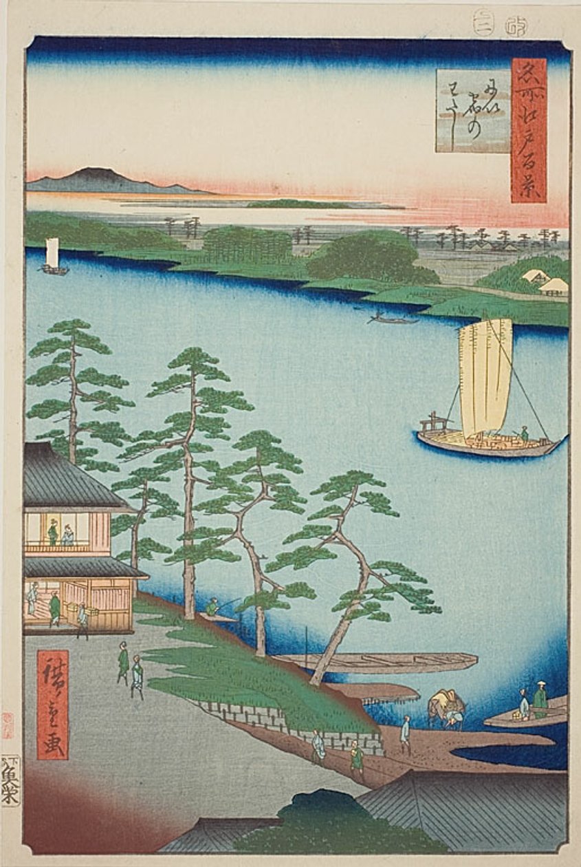 Přívoz Niijuku (Niijuku no watashi), č. 93 ze série "Sto slavných pohledů na Edo (Meisho Edo hyakkei)". od Utagawa Hiroshige