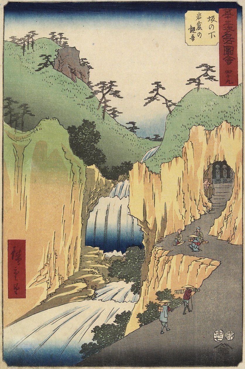 č. 49 Kannon v jeskyni, Sakanošita, červenec 1855 od Utagawa Hiroshige