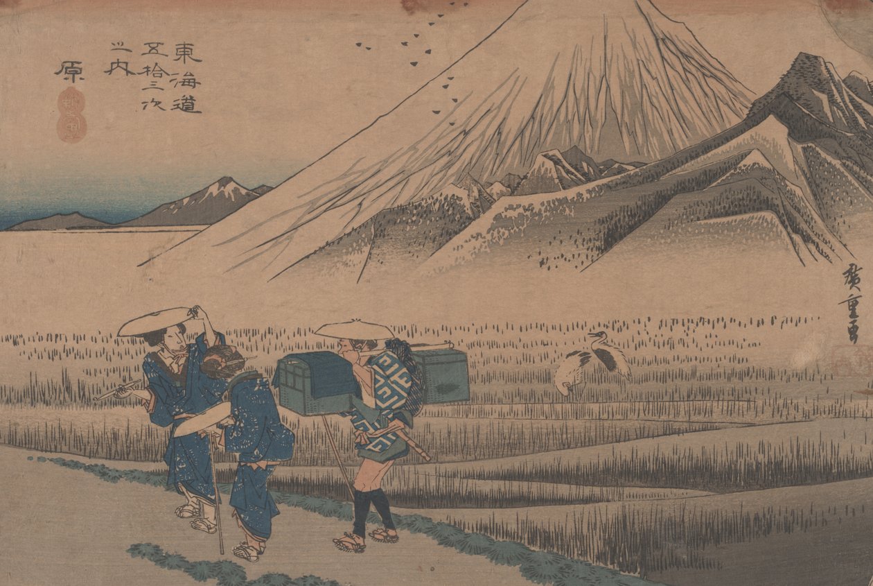 č. 14 „Hara: Mount Fuji in the Morning“ z 53 stanic Tokaida, kolem roku 1833 od Utagawa Hiroshige