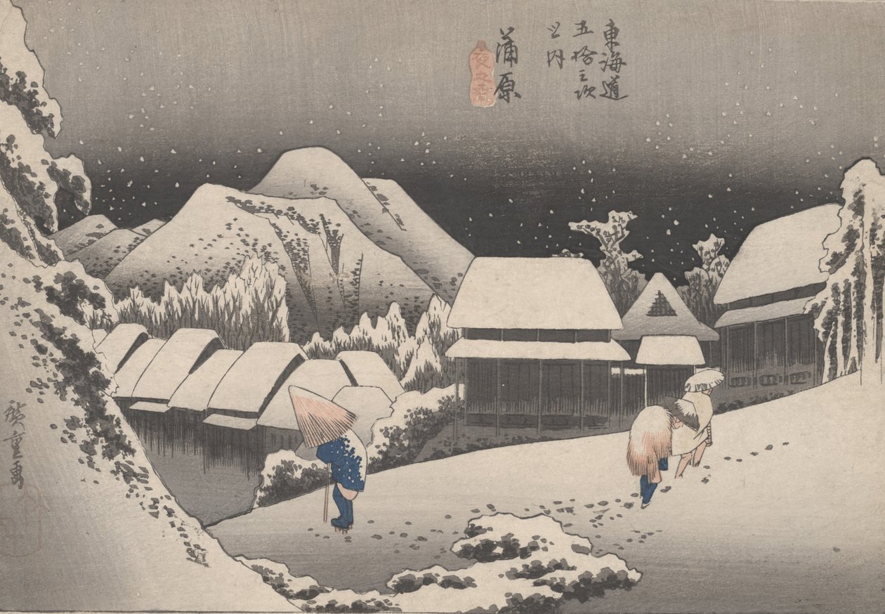 č. 16 „Noční sníh“ z 53 stanic Tokaida, kolem roku 1833 od Utagawa Hiroshige