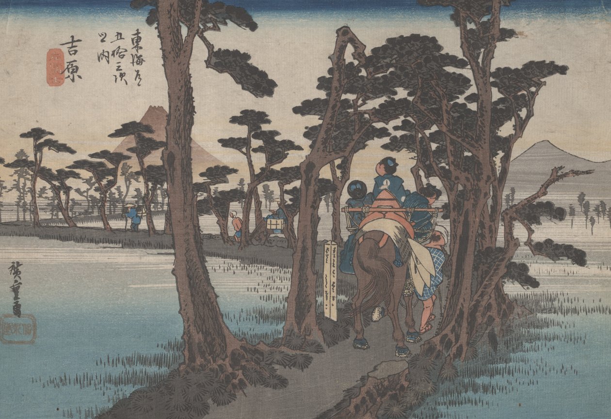 č. 16 „Yoshiwara: Fuji on the Left“ z 53 stanic Tokaida, kolem roku 1833 od Utagawa Hiroshige